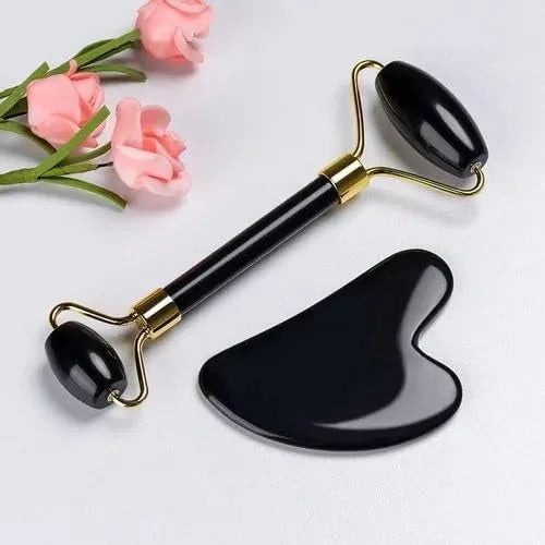 Black Obsidian Jade Facial Roller & Gua Sha Set 100% Natural Source from Highest Altitude of Himalayan Two-Sided Face Neck...