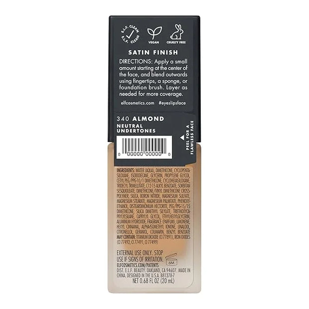 e.l.f. Flawless Satin Foundation, Lightweight & Medium Coverage, Semi-Matte Finish, Vegan & Cruelty-Free, Almond, 0.68 Fl ...