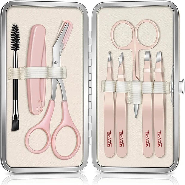 TsMADDTs Tweezers for Women Facial Hair, 8 in 1 Eyebrow Kit with Tweezers, Eyebrow Trimmer Scissors, Razor, Brush with Tra...