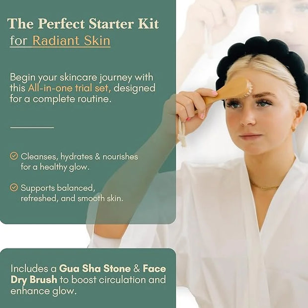Healing Happy Method – Natural Skincare Trial Kit | 15ml Cleanser, Toner & Moisturizer + Face Brush & Gua Sha | Compact Fa...