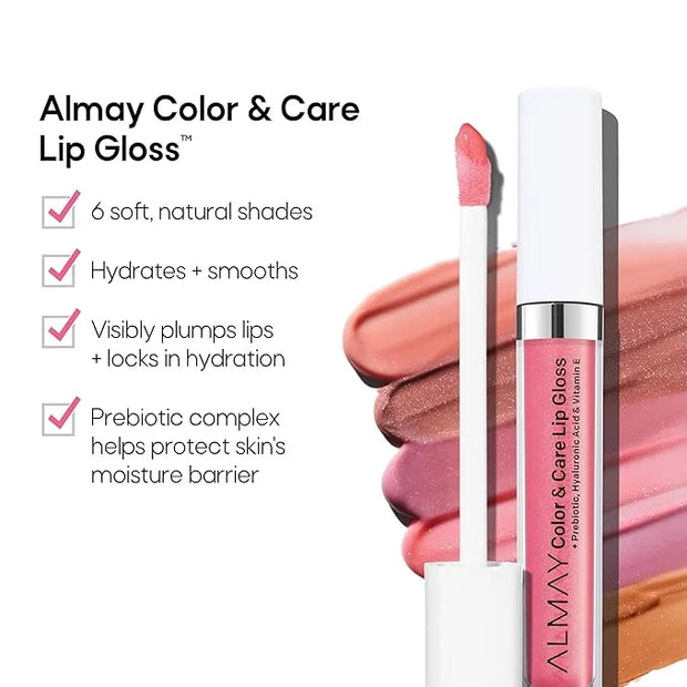 Almay Color & Care Hydrating Lip Gloss, Soft Natural Hues, Prebiotic Complex, Hyaluronic Filling-Sphere Technology, 200 Ro...