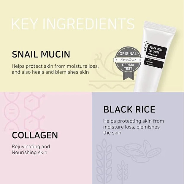 coxir BLACK SNAIL COLLAGEN EYE CREAM 1.01 fl.oz + CREAM 1.01 fl.oz | Black Foods, Snail Mucin, Collagen | Firming, Lifting...