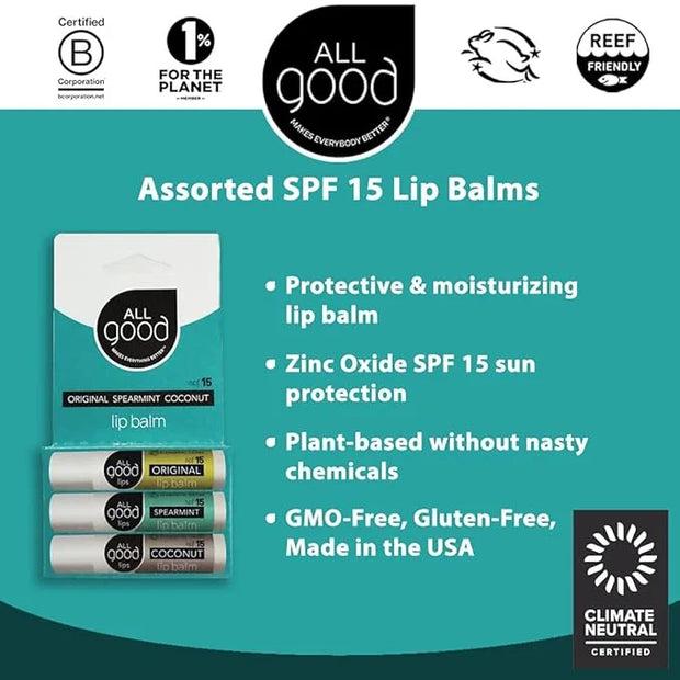 All Good Organic SPF15 Lip Balm - Hydrating Lip Care with Olive Oil, Beeswax, Calendula, Lavender, Vitamin E - Lip Moistur...