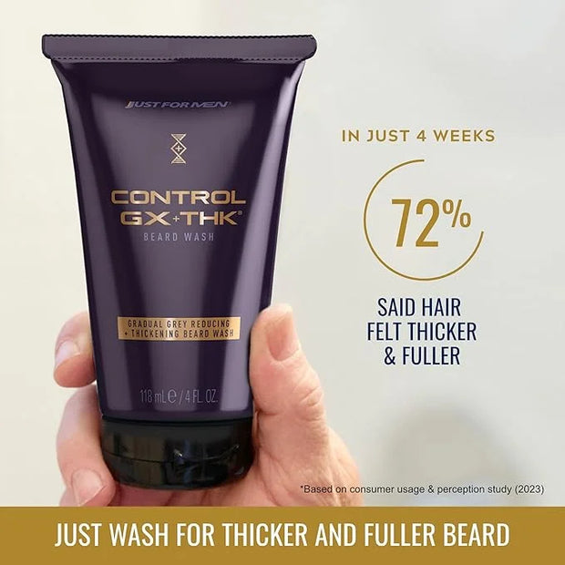 JUST FOR MEN Control GX + THK Thickening Beard Wash with Grey Reduction, Alpha Keratin Helps Beard Growth, Thickens Hair U...