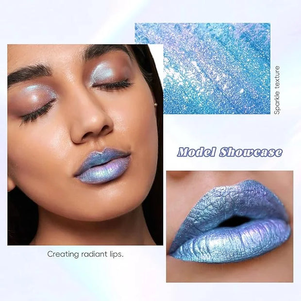 Blue Glitter Lip Gloss Liquid Lipstick, Diamond Shimmer Metallic Sparkly Iridescent Chameleon Lip Gloss Gift for Women, Lo...