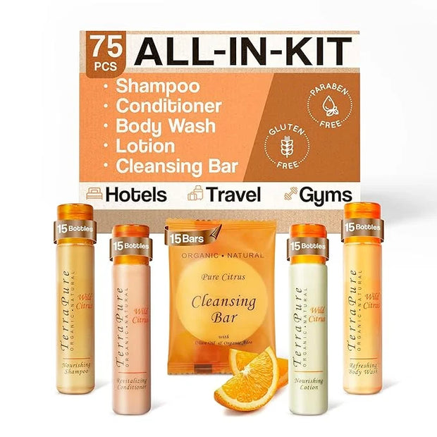 Terra Pure Wild Citrus Toiletries Set | 1-Shoppe Amenities Kit | 1oz Shampoo, Conditioner, Body Wash, Lotion, 1oz Bar Soap...