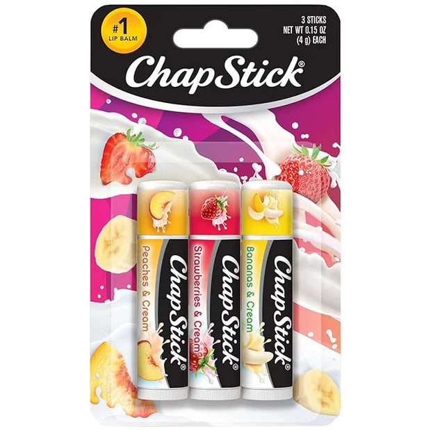 ChapStick Lip Balm Fruit & Cream 3-Pack Collection – Peach, Strawberry & Banana Flavors, 0.15 Oz Ea - Product Image