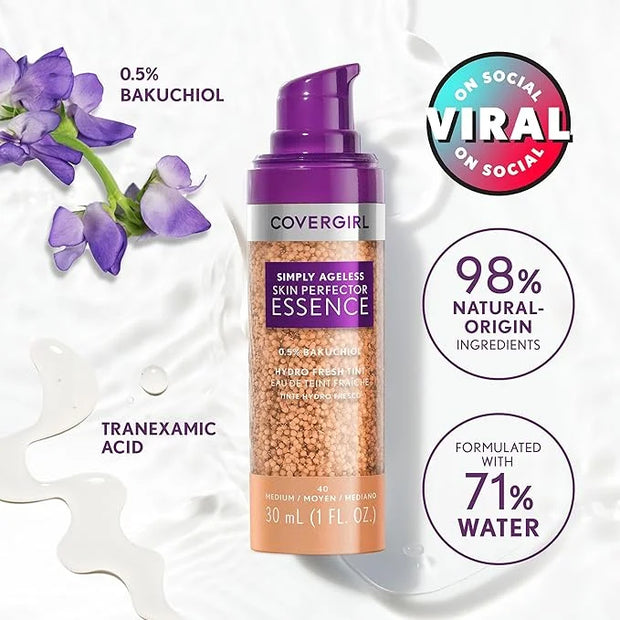 Covergirl Simply Ageless Skin Perfector Essence Foundation, 25 Light-Neutral, Tinted Skincare Makeup Hybrid, Sheer Tint, R...