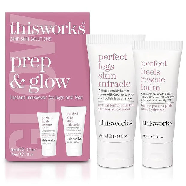 THISWORKS Prep and Glow Gift Set - Travel Size Kit with Perfect Legs Skin Miracle and Perfect Heels Rescue Balm Foot Cream...