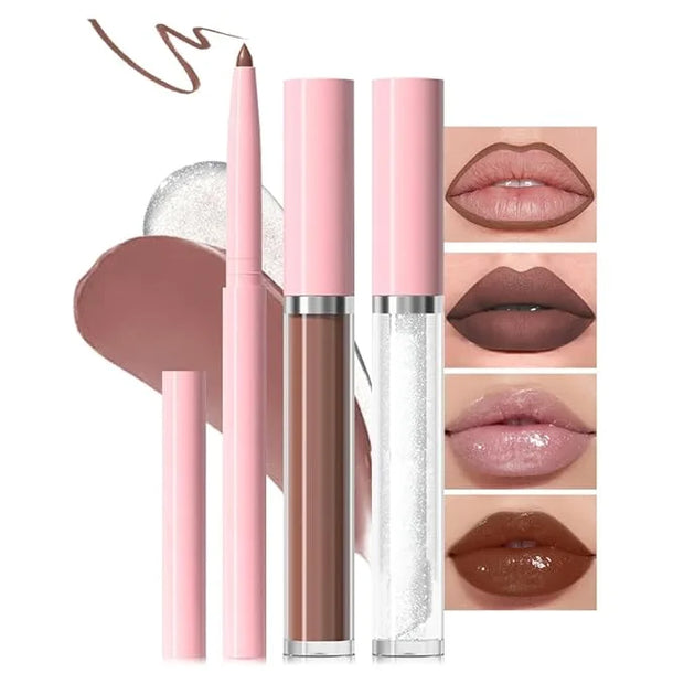 3-in-1Light Nude Brown Matte Lip Stain Kit | Waterproof Lip Liner + Hydrating Matte Lip Gloss + Nourishing Lip Oil | Long ...