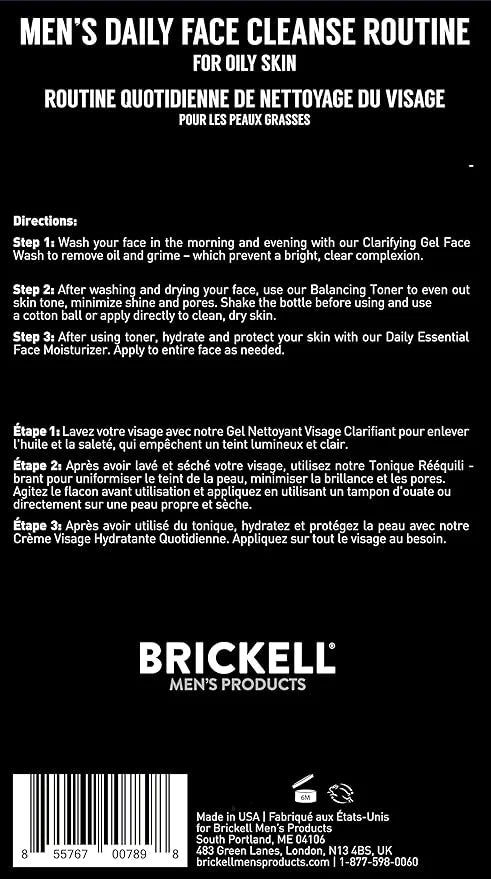 Brickell Men's Daily Face Cleanse Routine for Oily Skin, Alcohol Free Toner, Gel Facial Wash and Moisturizer, Natural and ...