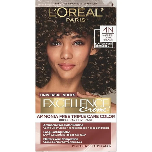 L’Oreal Paris Excellence Universal Nudes Permanent Hair Color, Ammonia Free Hair Dye for Gray Hair Coverage, 4N Natural Da...