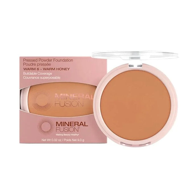Mineral Fusion Pressed Powder Foundation, Warm 6 - Dark Tan Skin w/Golden Undertones, Age Defying Foundation Makeup with M...