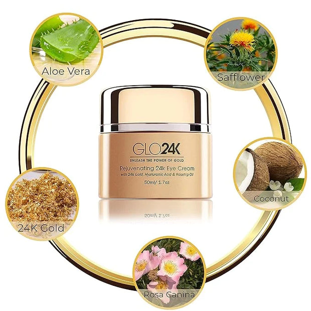 GLO24K Rejuvenating 24k Eye Cream and Serum With 24k Gold, Hyaluronic Acid, Vitamins A,C,E - Product Image