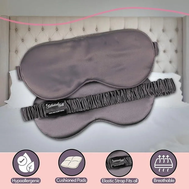 CELESTIAL SILK 100% Silk Sleep Mask for Women with Silk Covered Elastic Strap, Eye Mask for Sleeping (One Size, Charcoal G...