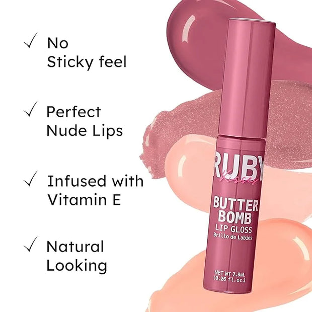 Ruby Kisses Lip Gloss Butter Bomb Gloss Non-Sticky Lip Gloss Vitamin E Natural Nude Lip Makeup - 7.8mL (0.26 US fl.oz) (Su...