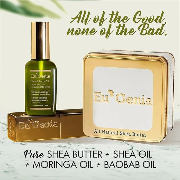 Eu'Genia Shea Face, Lip & Body Shea & Moringa 3-PC Gift Set – Hydrating Lip Balm, Nourishing Body Oil, 12oz Dermatological...
