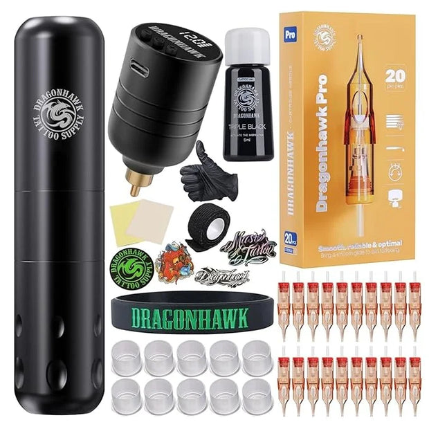 Dragonhawk Tattoo Kit S9 Tattoo Gun Machine Kit Complete Beginner Tattoo Kit Coreless Motor 20Pcs Pro Cartridges Needles -...
