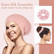 Lulusilk Silk Sleep Mask and Cap Set - Pink Silk Eye Mask and Bonnet Scrunchie Set - Product Image