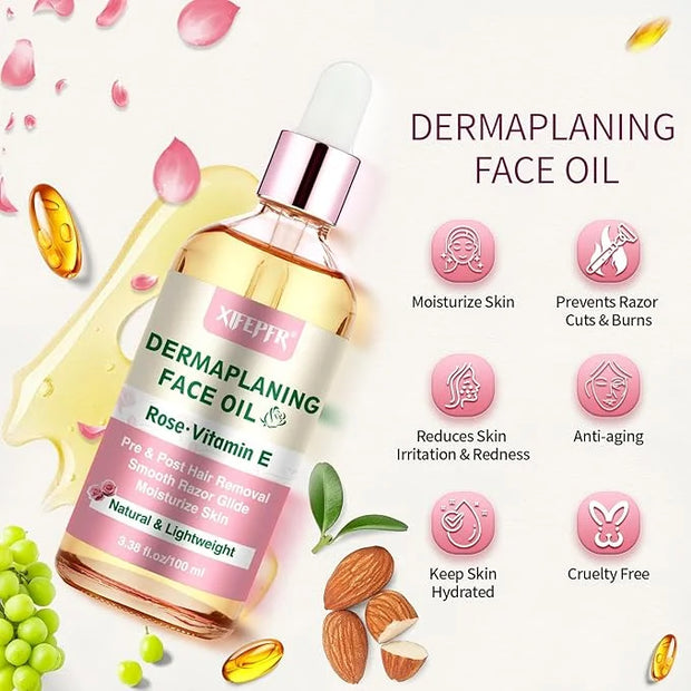 Dermaplaning Kit, Rose & Vitamin E Oil, Shave Oil with Dermaplaning Tools for Women, Facial Razor, Eyebrow Razor, Softens ...