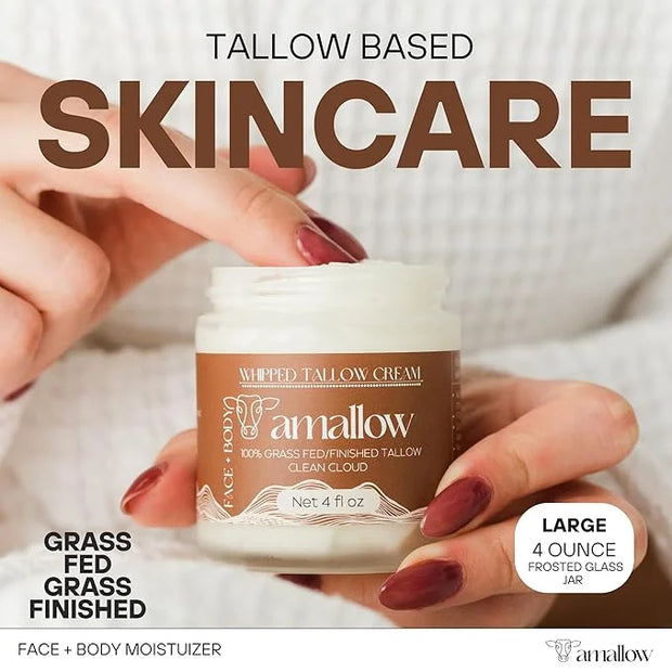 100% Grass Fed Beef Tallow for Skin Care - Face + Body - Whipped Moisturizer - Natural Lotion, 4 FL. oz. (Clean Cloud) - P...