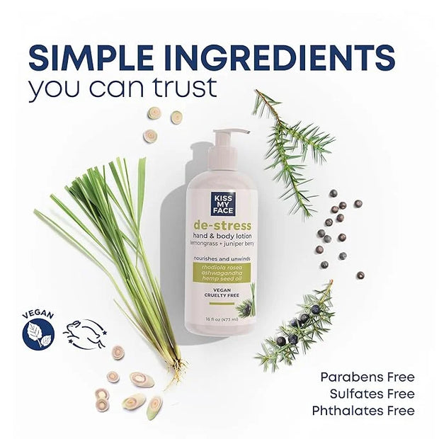 Kiss My Face De-Stress Hand & Body Lotion - Lemongrass + Juniper Berry - Soothing Rhodiola Rosea - With Hemp Seed Oil & As...