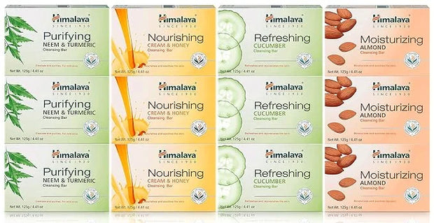 Himalaya Cleansing Bar Soaps Variety Pack, Neem & Turmeric, Almond, Cream & Honey and Cucumber, 4.41 oz, 12 Pack - Product...