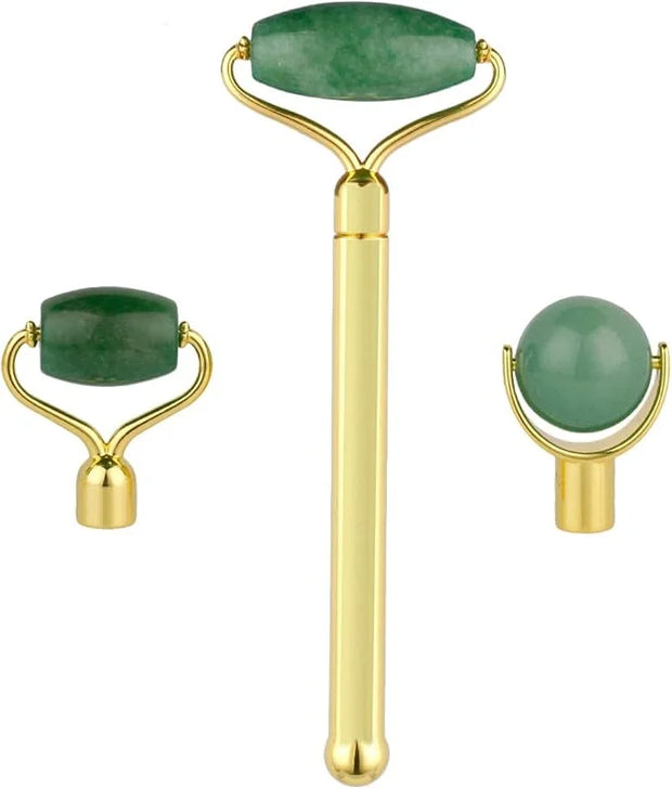 mookaitedecor Jade Roller Green Aventurine 3 in 1 Set Removable Replacement Rollers, Anti-Aging Massager Tool for Face and...