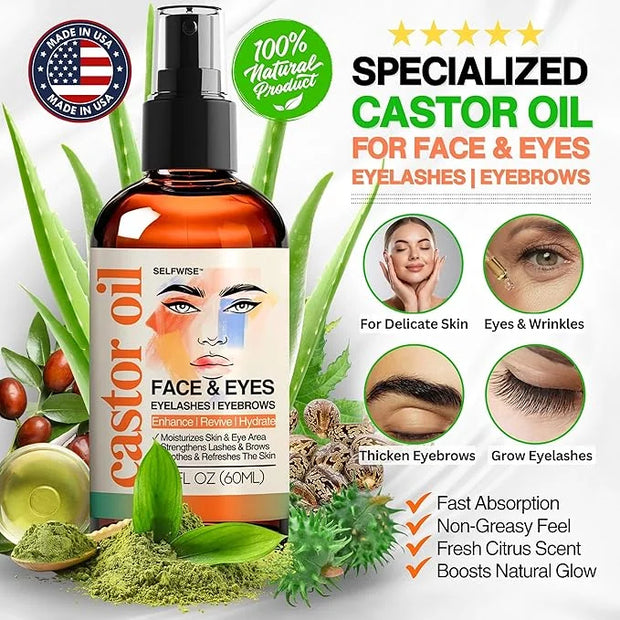Organic Castor Oil For Face Moisturizer, Eyes, Eyelashes, Eyebrows, Wrinkles with Jojoba, Rosehip, Grapeseed, Squalane, Pa...