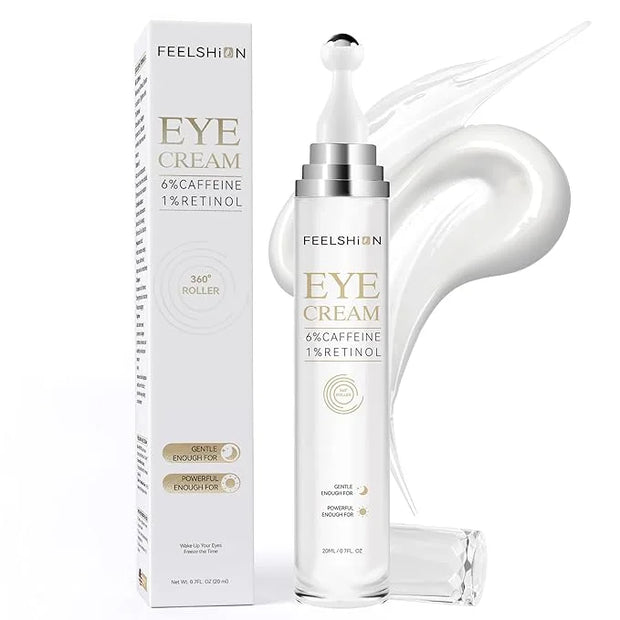6% Caffeine + 1% Retinol Eye Cream for Dark Circles, Puffy Eyes & Bags | 360° Massage Ball for Fine Lines | Collagen & Cen...