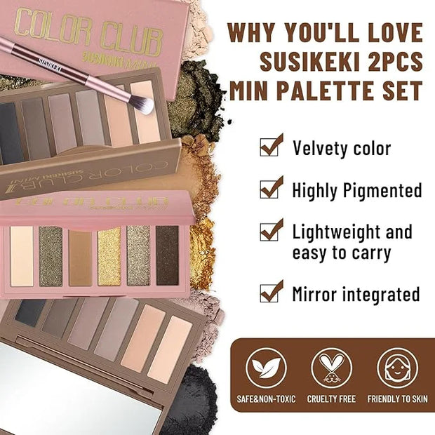 2PCS 6 Colors Mini Naked Eyeshadow Palette Makeup with Brush Set Neutral Nude Eye Shadow Brown & Olive-colored Matte Shimm...