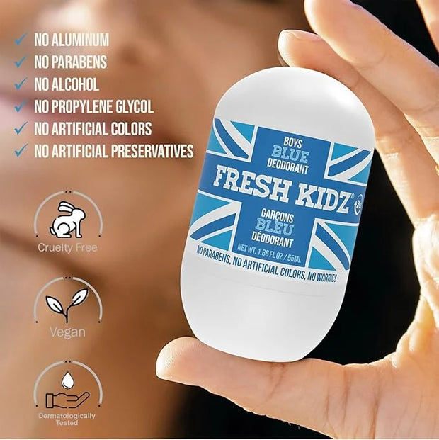 Fresh Kidz Roll On Deodorant for Kids and Teens - Baking Soda and Aluminum-free 24 Hour Protection for Sensitive Skin - Bo...