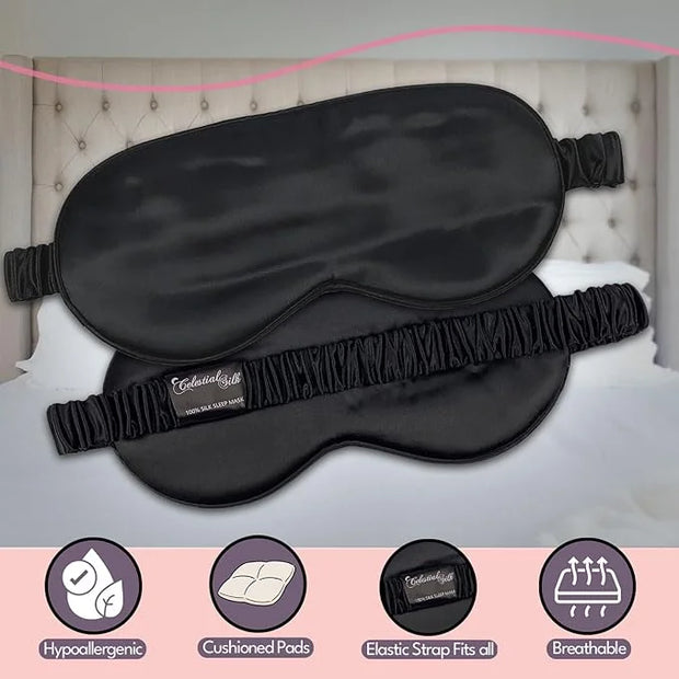 CELESTIAL SILK Sleep Mask for Women With Covered Elastic Strap, 100% Silk Filled Eye Mask for Sleeping (One Size, Black) -...