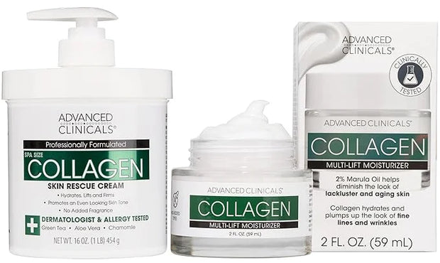 Advanced Clinicals Collagen Cream W/Hyaluronic Acid Face Moisturizer + Collagen Body Cream 2pc Skincare Set For Women & Me...