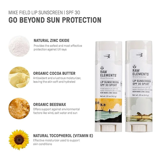 Raw Elements Mike Field Lip Sunscreen - SPF 30, UVA-UVB Protection, Reef-Safe, Non-Nano Zinc, Water Resistant, 0.15 oz (2 ...