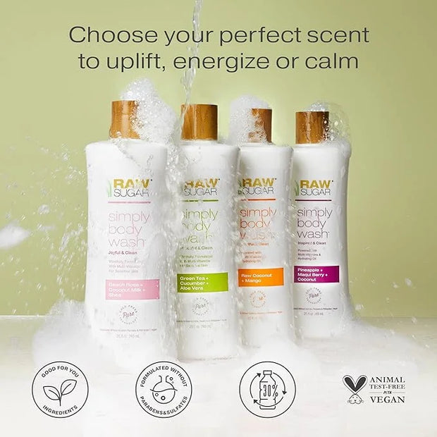 RAW SUGAR Sensitive Skin Simply Body Wash - Green Tea + Cucumber + Aloe Vera, Moisturizing & Brightening Bath & Shower Gel...