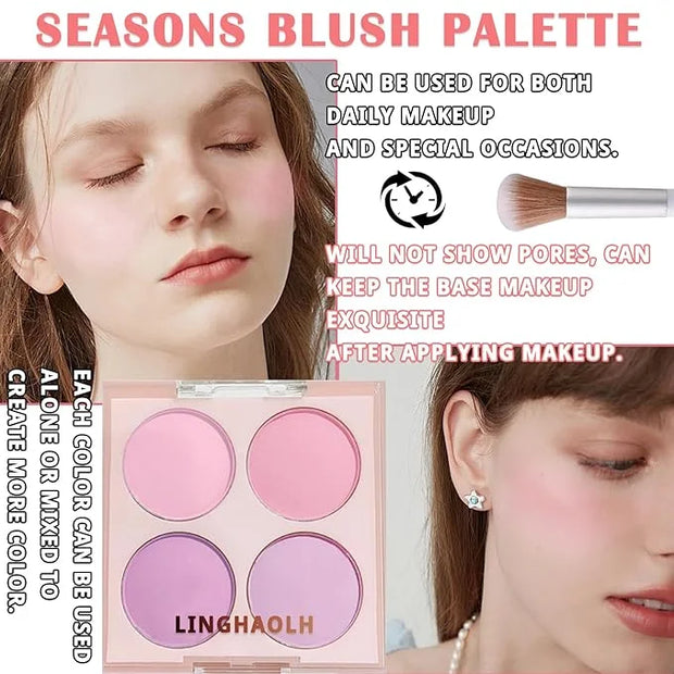 4 Colors Blush Palette for Cheeks - Face Matte Contour Makeup Palette, Buildable Shimmer Facial Cheek Blusher Shades, Blen...