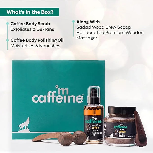 mCaffeine Coffee De-stress Gift Kit for Unisex - 4 Pc 3.38oz Naked and Raw Coffee Body Polishing Oi, 3.5oz Naked and Raw C...