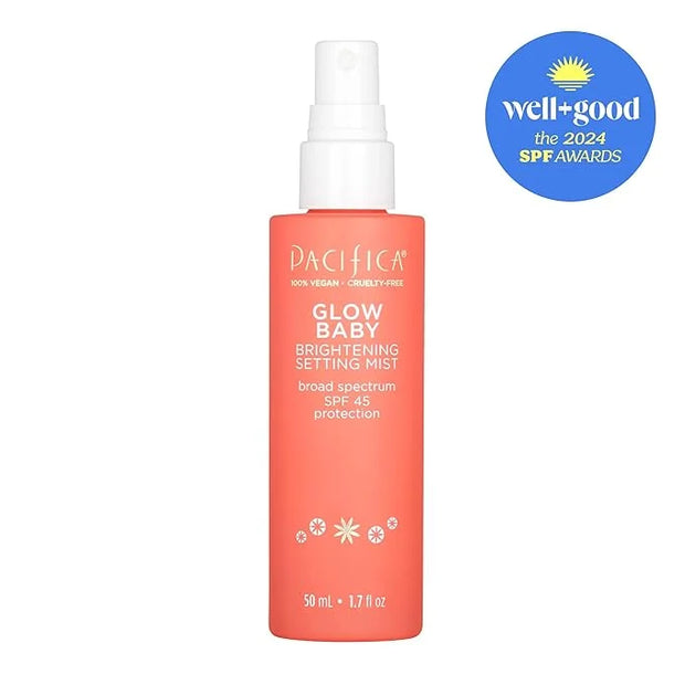 Pacifica Beauty Glow Baby Brightening Setting Mist, Broad Spectrum SPF 45, Makeup Setting Spray, UVA/UVB Protection, Blue ...