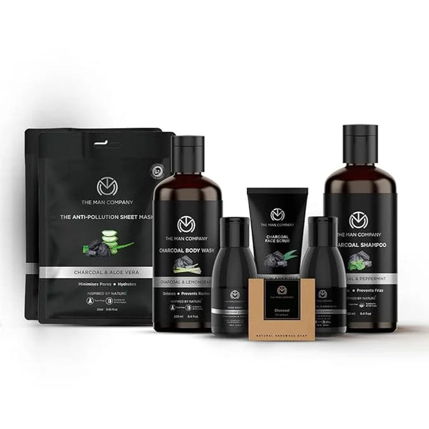 The Man Company Ultimate Charcoal Detan Kit with Elegant Gift Box | Charcoal Body wash, Shampoo, Face Scrub, Face wash, Ch...
