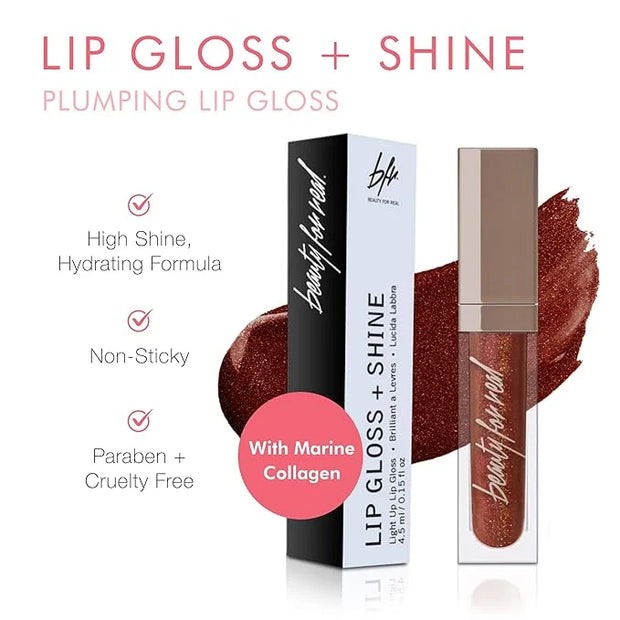 Beauty For Real Lip Gloss + Shine, Rebel Rebel - Deep Maroon Metallic - Non-Sticky Plumping & Hydrating Gloss - Light & Mi...