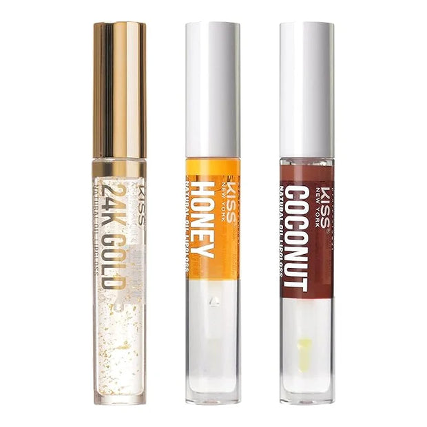 3 PACK Lip Oil Gloss, Hydrating Non-Sticky Lip Oil, 100% Natural Oil Clear Lip Gloss, Lightweight Lip Moisturizer (Gold & ...
