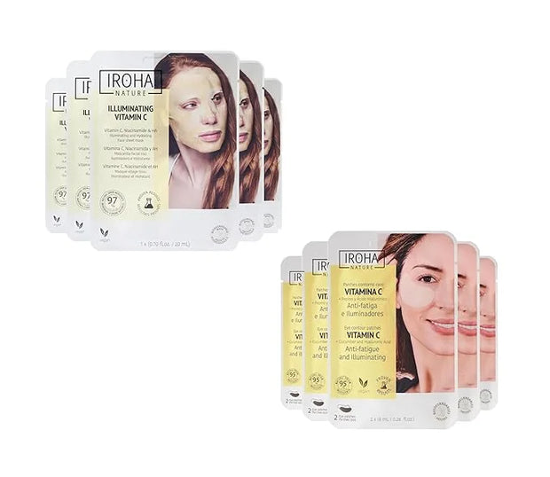 Vitamin C & Hyaluronic Acid Face Mask (5 Masks) + Eye Mask Patches with Vitamin C, Cucumber and Hyluronic Acid, Anti-Fatig...