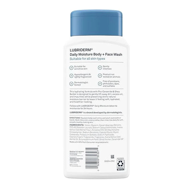Lubriderm Daily Moisture Body + Face Wash, Hydrating Body Wash + Moisturizing Facial Cleanser with Pro-Ceramide & Shea But...