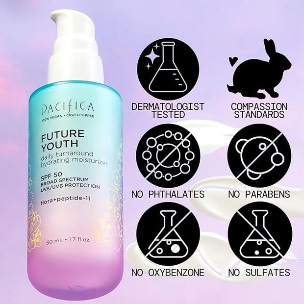 Pacifica Peptide Face Moisturizer Future Youth Daily Turnaround Hydrating, SPF 50 Broad Spectrum, UVA/UVB Sun Protection, ...