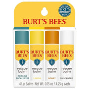Burt's Bees 100% Natural Origin Rescue Lip Balm, Cooling Eucalyptus, Lemon, Honey, Unscented, 4 Tubes, Pack May Vary - Pro...