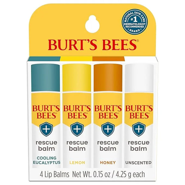Burt's Bees 100% Natural Origin Rescue Lip Balm, Cooling Eucalyptus, Lemon, Honey, Unscented, 4 Tubes, Pack May Vary - Pro...