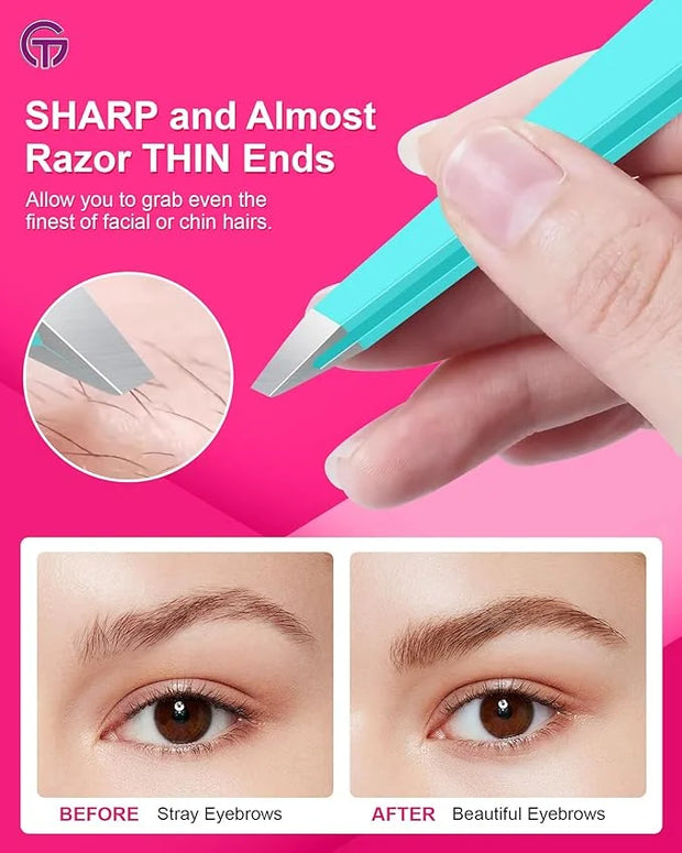 Expert Eyebrow Hair Removal Tweezer with Leather Case, GlamTweeler High Precision Slant Tip Stainless Steel Tweezers for M...