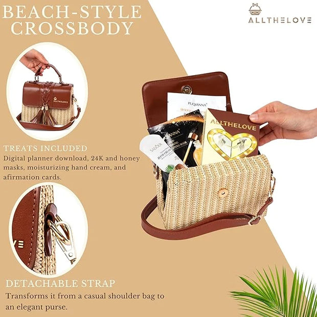 New Mom Spa Package – Luxury New Mom Care Set for Women with Chic Rattan Purse, Clickable Planner Download, Affirmation Ca...