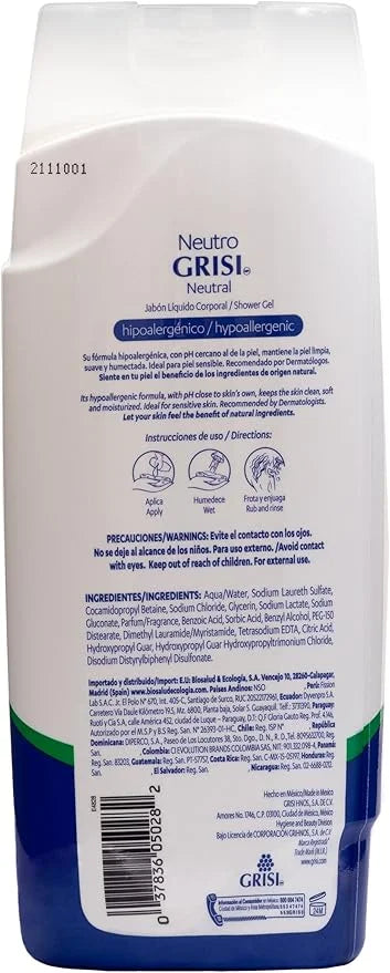 Grisi Neutral Shower Gel, Cleansing Shower Gel, Hypoallergenic, Sensitive Skin, Smother Skin, 2-Pack of 15.2 FL Oz, Bottle...